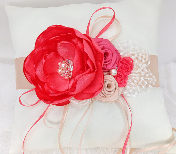Свадьба - Ring Bearer Pillow - Coral Ivory Champagne Flowers Embellished with Swarovski Pearls and Sew on Crystals