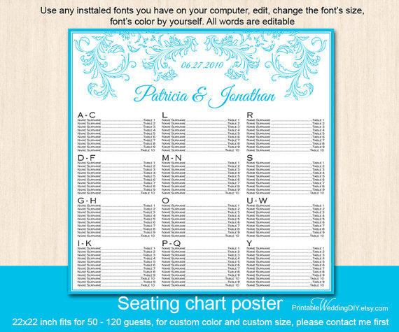 Wedding - Malibu blue filigree seating chart poster template