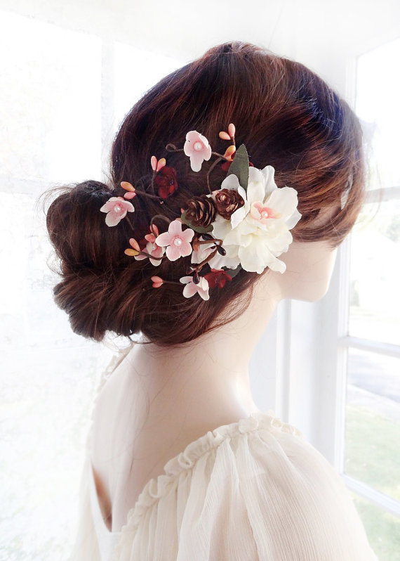 Wedding - bridal hair clip flower, wedding hair accessories, burgundy wedding hair clip, ivory hair comb, rustic wedding hair, floral bridal headpiece