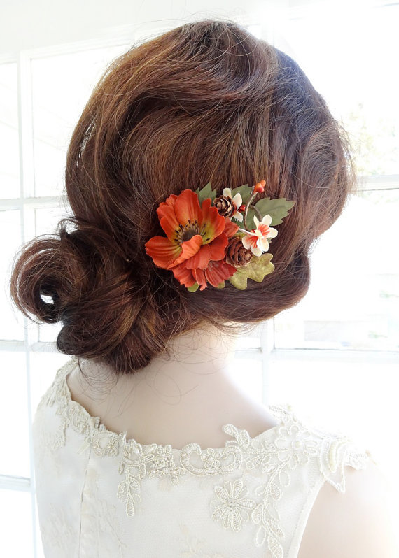 Wedding - fall wedding hair clip, fall hair accessories, autumn wedding, floral hair accessory, orange flower, rustic wedding hairpiece, hair flower