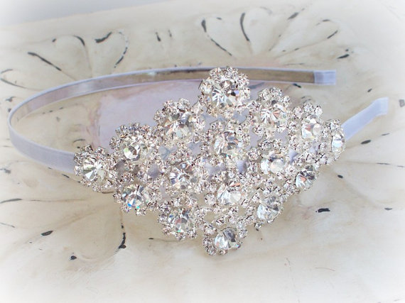 Hochzeit - Bridal Crystal Headpiece - Diamond  Rhinestone - White Ivory Black Ribbon - Bridesmaids Gifts - Glamorous Sparkle - The Jaydy Headband II