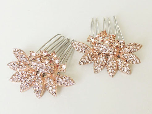 Hochzeit - Lydia - Rose Gold Bridal hair comb - Two small vintage style crystal Hair combs Wedding hair accessory - Made to order