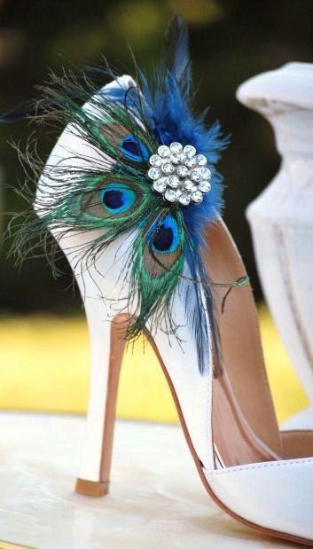 Mariage - Shoe Clips Peacock & Navy Fan. Bride Bridal Bridesmaid, Birthday Engagement Gift, Sparkle Rhinestone, Statement Pinterest Favorite Couture