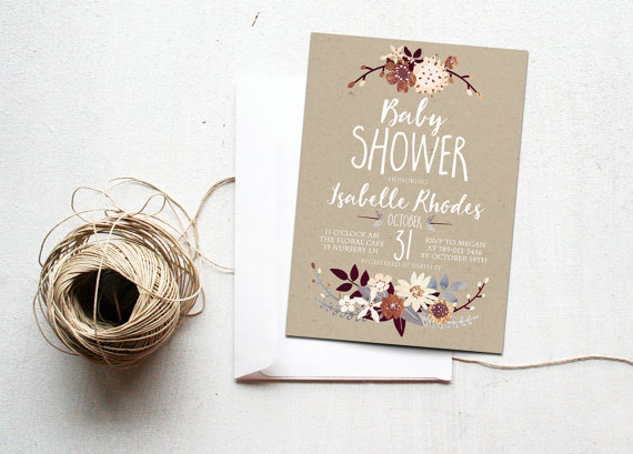 Свадьба - Fall Baby Shower Invitation Printable, Autumn Floral Invite, Boho Chic, Rustic Bronze, Silver, Cream, Gender Neutral Colors, Kraft Paper