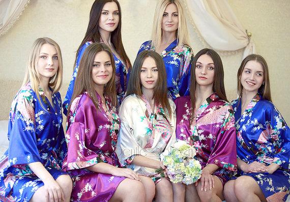 Wedding - Set of 6 Bridesmaid Satin Robes, Kimono Robe, Fast Shipping from New York, Regular and Plus Size Robes