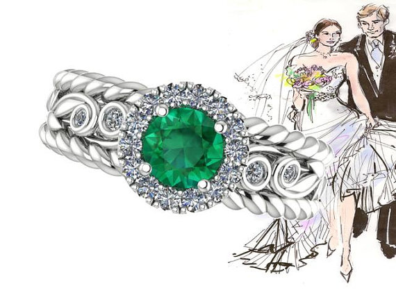 Mariage - Wedding and Engagement ring,  DIAMOND Twisted Bridal ring, filigree Diamond Engagement ring, Natural Genuine Emerald Wedding Ring