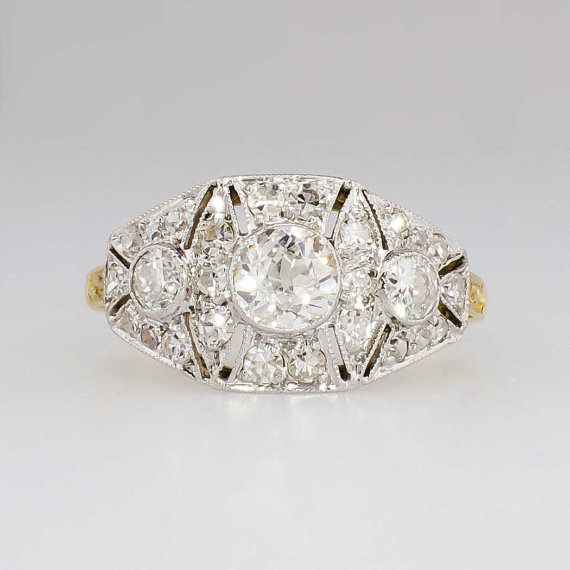 Mariage - Art Deco 1.34ct t.w. Old European Cut Diamond Filigree Two Tone Engagement Ring 18k