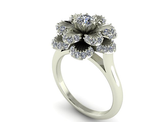 Wedding - Feminine Flower Engagement Ring, Rustic Wedding ring, 14k White gold and Natural Diamonds