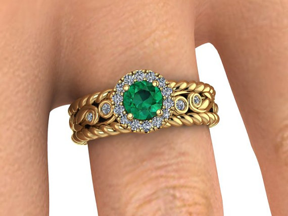 زفاف - Yellow Gold Wedding and Engagement ring, LOVE Ring, DIAMOND Twisted Bridal ring,Engagement ring, Natural Genuine Emerald Wedding Ring