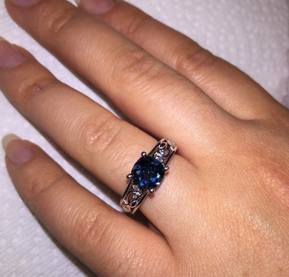 Wedding - Engagement Ring, Diamond Bridal Ring, London Blue Genuine Topaz Stone Set in 14k White Solid Gold