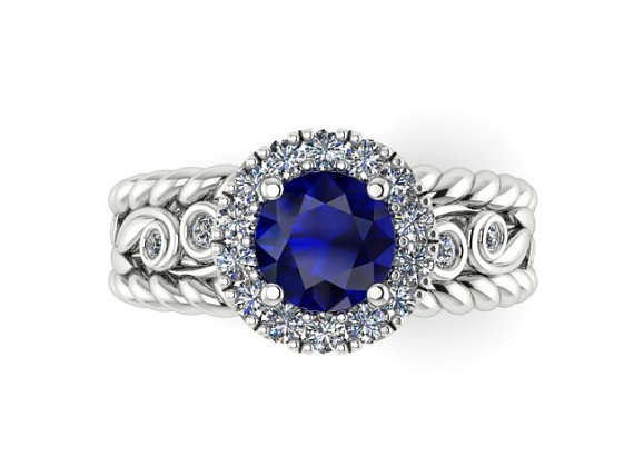 Mariage - Wedding and Engagement ring,  DIAMOND Twisted Bridal ring, filigree Diamond Engagement ring, Natural Genuine Sapphire Wedding Ring
