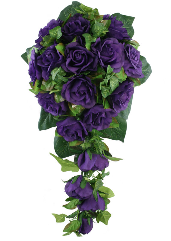 زفاف - Purple Silk Rose Cascade - Bridal Wedding Bouquet
