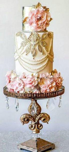 Hochzeit - Elegant Cream, Gold And Pink Wedding Cake By Amy Cakes