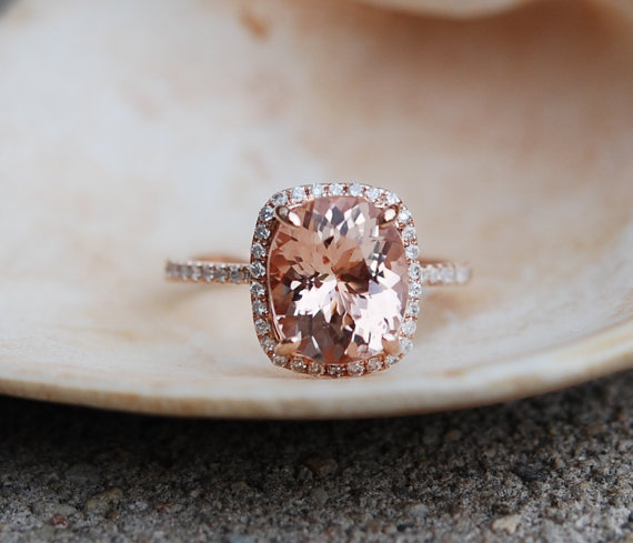 Hochzeit - Morganite ring rose gold diamond engagement ring. Peach morganite 2.72ct diamond ring