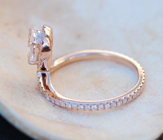 Hochzeit - Rose gold ring Pear Sapphire COBRA ring 1ct white sapphire diamond ring 14k rose gold full eternity. Engagement ring by Eidelprecious