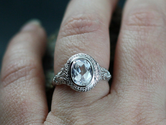 زفاف - White Sapphire Engagement Ring Kore Oval Antique Style Bezel Set Chevron Filigree Custom Size White-Yellow-Rose Gold-10k-14k-18k-Platinum