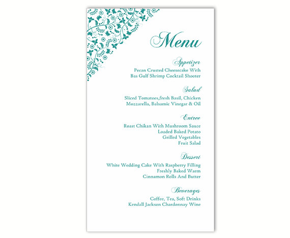 زفاف - Wedding Menu Template DIY Menu Card Template Editable Text Word File Instant Download Blue Menu Teal Menu Floral Menu Printable Menu 4x7inch
