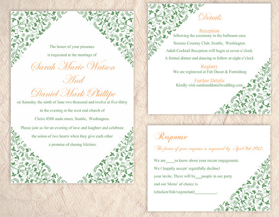 Hochzeit - DIY Wedding Invitation Template Set Editable Word File Instant Download Printable Invitation Green Wedding Invitation Floral Invitation
