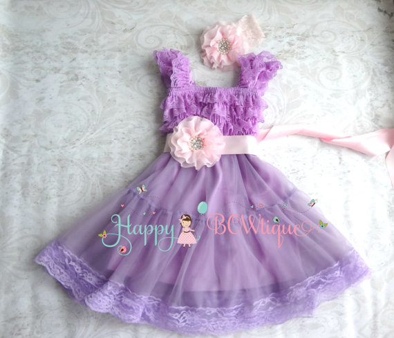 زفاف - Baby Girls' dress, Lilac Pink Chiffon Lace Dress set, baby girls clothing,1st Birthday dress, Flowy dress,Flower girls dress,Princess Dress