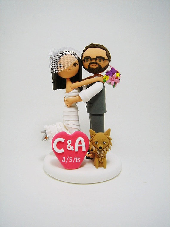 Wedding - Lovely couple custom wedding cake topper with dog