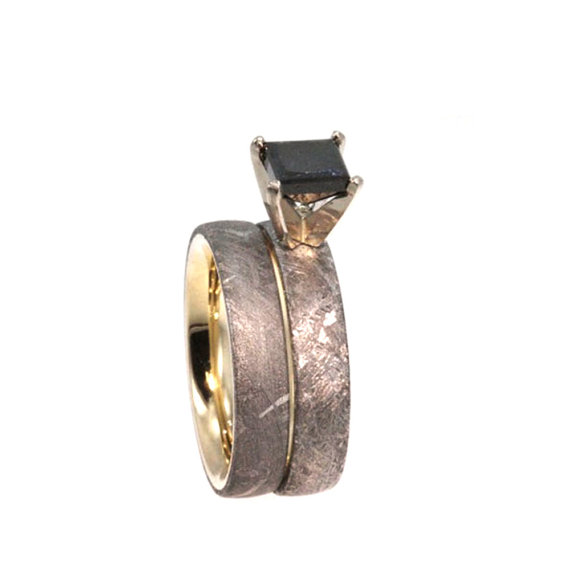 Hochzeit - Princess Cut Black Diamond, Meteorite Engagement Ring, Yellow Gold Band