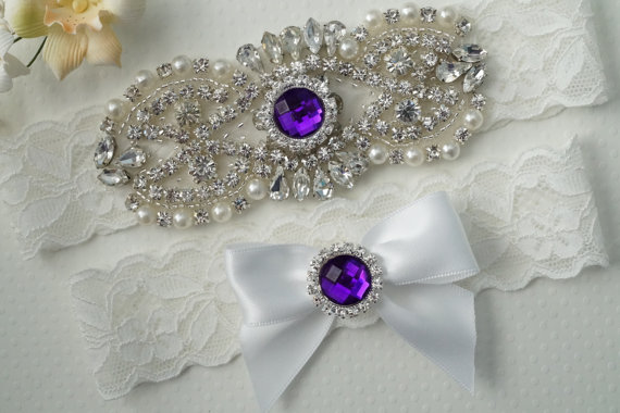 زفاف - RHEA Style A - Bridal Garter, Wedding Garter Set, Purple Wedding Garter, Purple Bridal Garter