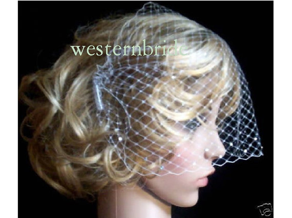 Mariage - IVORY Bridal Wedding French Bandeau style veil with Swarovski crystals decorated. Russian net ,with comb on each side ready to wear.