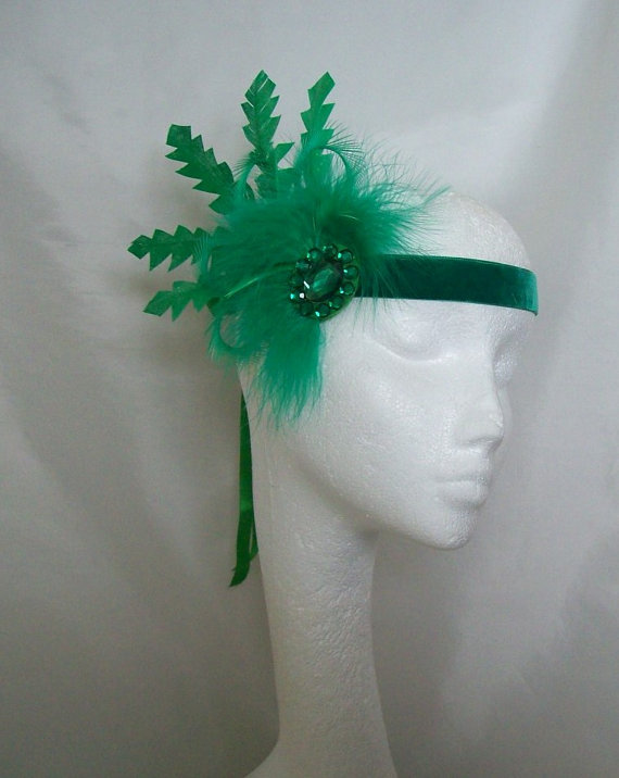 زفاف - Bright Emerald Green Glitter Feather and Crystal 1920's Flapper Ribbon Tie Head Band - Downton Abbey The Great Gatsby