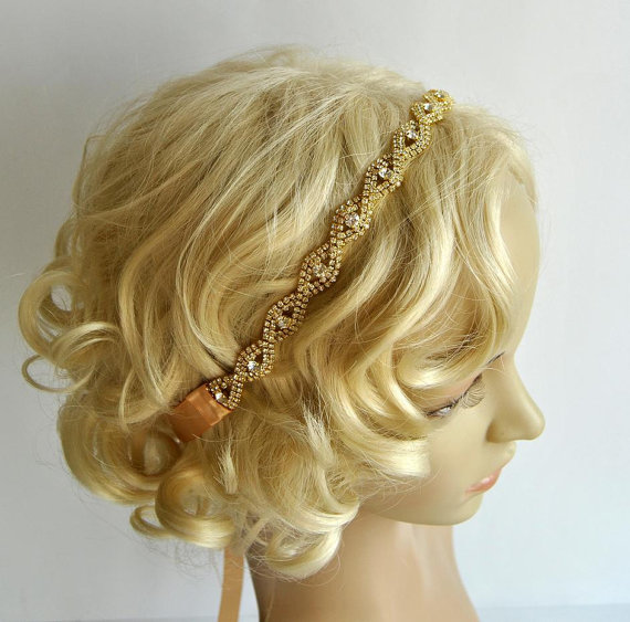 زفاف - Gold Crystal Ribbon Headband, Wedding Headband, Bridal Rhinestone Headband, Ribbon Headband, Prom Headpiece
