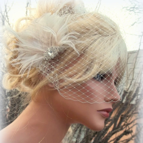 Wedding - Wedding Fascinator, Bridal Veil, Great Gatsby Style, French Net Veil, Ivory Feather Hair Clip, Bridal Hair Comb Wedding Hair Clip Ivory
