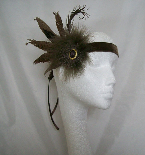 زفاف - Mocha Chocolate Brown & Gold Pheasant Feather 1920's Flapper Ribbon Tie Head Band - Downton Abbey The Great Gatsby