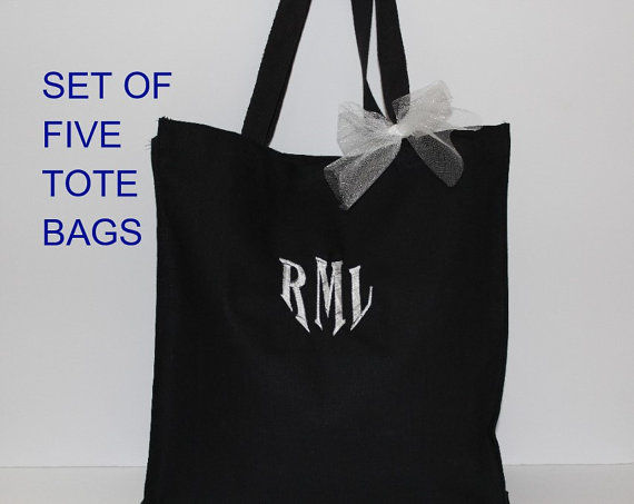 زفاف - 5 Bridesmaid Tote Bags, Black Canvas Bags, Personalized Totes, Beach Tote Bags