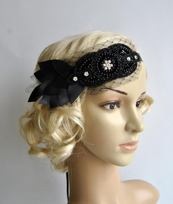 Hochzeit - Black Petal Bandeau bridal headband, The Great Gatsby Headband, 1920s Headpiece, Flapper 1920's Black petal rhinestone crystal headband,