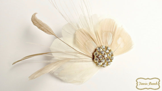 Wedding - Feather Fascinator, Wedding Fascinator, Bridal Wedding Headpiece, Hair Clip, Hair Accessories, Ivory, Gold
