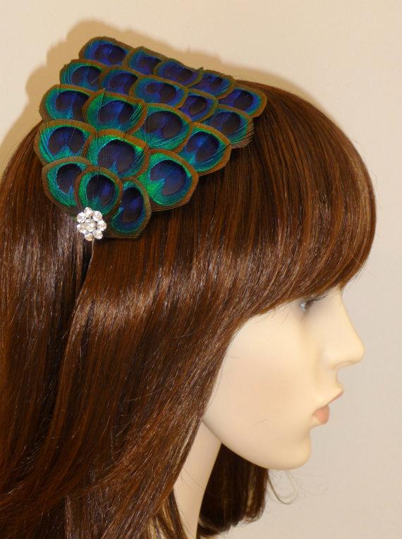 Свадьба - PEACOCK EYE Feathers Silver Headband Crystal Handmade Turquoise Blue Green Feather Fascinator Wedding Bridesmaids Bridal Hair Accessory