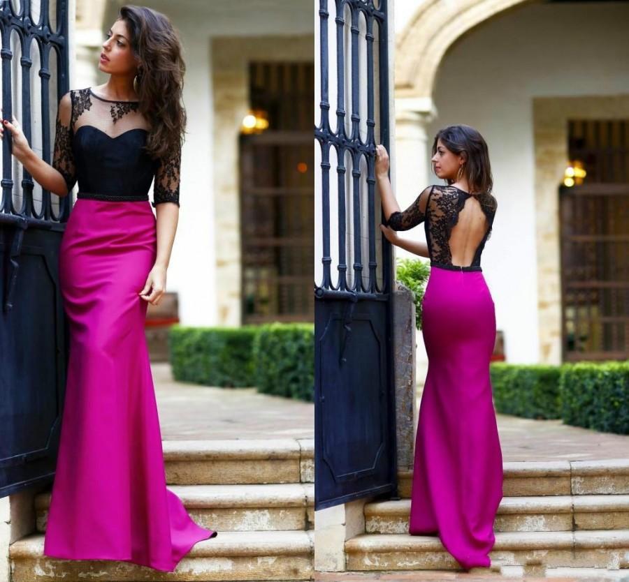 Wedding - Charming Half Sleeve Mermaid Evening Dresses 2016 Sheer Applique Hollow Back Lace Fuchsia Prom Formal Pageant Gowns Long Party Club Online with $106.81/Piece on Hjklp88's Store 