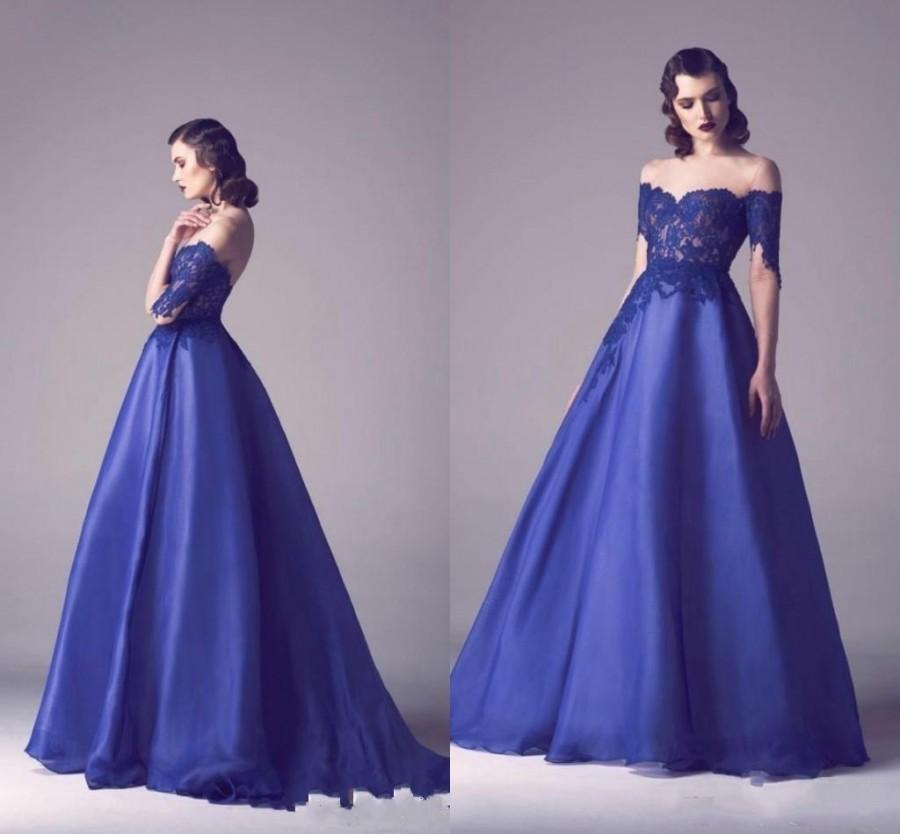 Fashion Royal Blue Evening Dresses 2016 Off Shoulder Lace Satin Short Sleeve A Line Prom Formal 0935