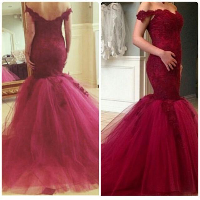 Wedding - Real Picture Burgundy Off Shoulder Wedding Dresses Applique 2015 Mermaid Garden Tullle Sweep Train Sexy Lace Trumpet Bridal Gown Custom Online with $127.28/Piece on Hjklp88's Store 