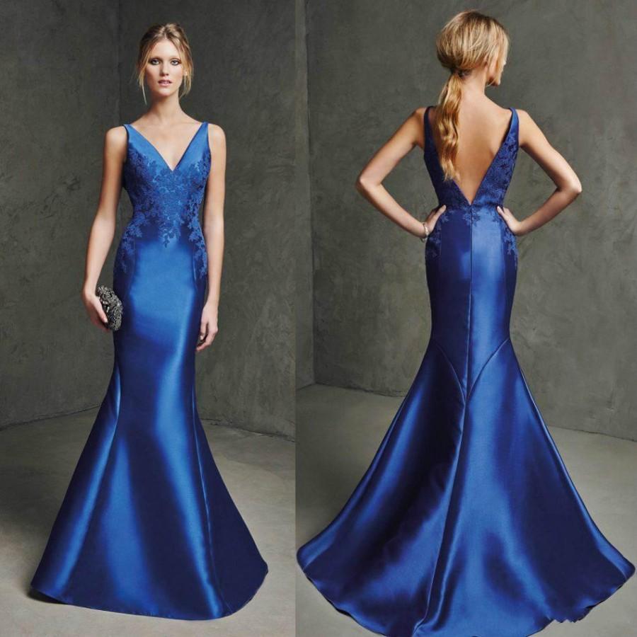 Charming Mermaid Royal Blue Evening Dresses Satin 2015 V-Neck