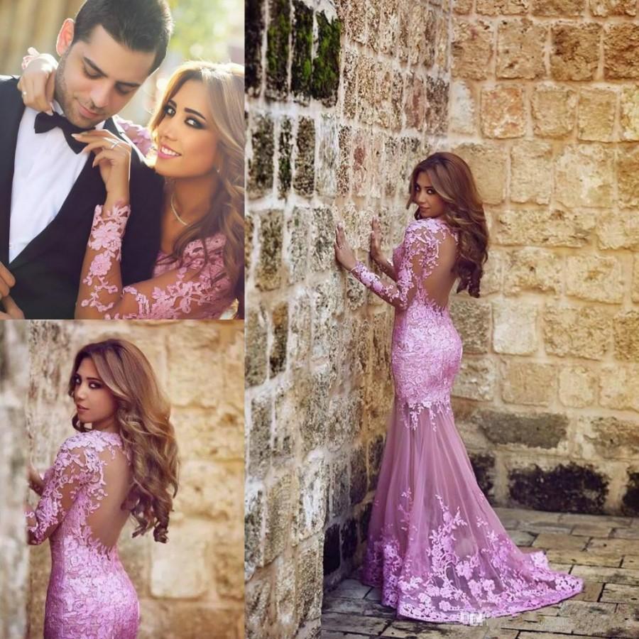Hochzeit - Sexy Long Sleeves Arabic Mermaid Evening Dresses 2015 Party Sheer Neck Lace Tulle Illusion Backless Pink Prom Dresses Formal Gowns Online with $117.49/Piece on Hjklp88's Store 