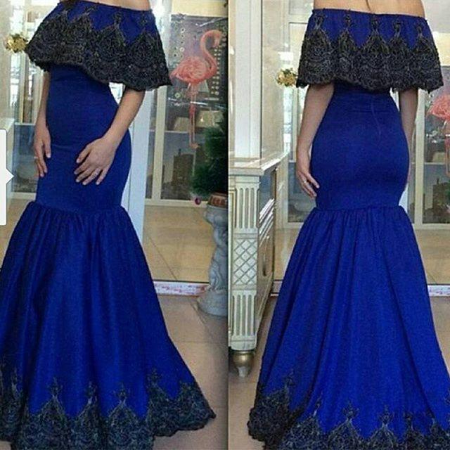 Mariage - Modern Royal Blue Evening Dresses Gowns Off Shoulder 2015 Mermaid Prom Applique Short Sleeve Floor Length Formal Party Dress Dubai Trendy Online with $116.6/Piece on Hjklp88's Store 