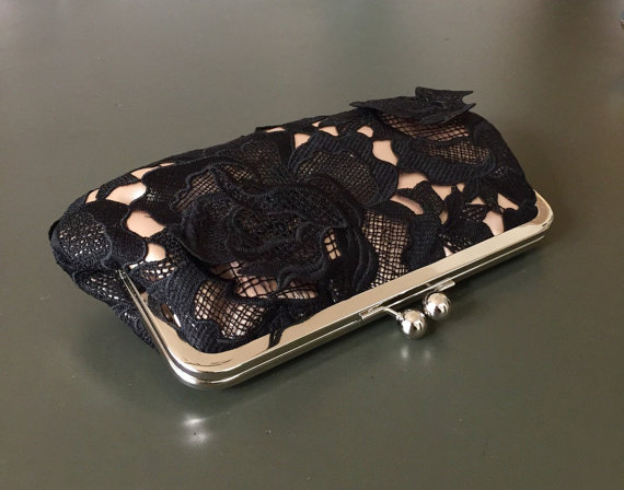 Wedding - Venice Black Lace Rose Over Champagne Clutch