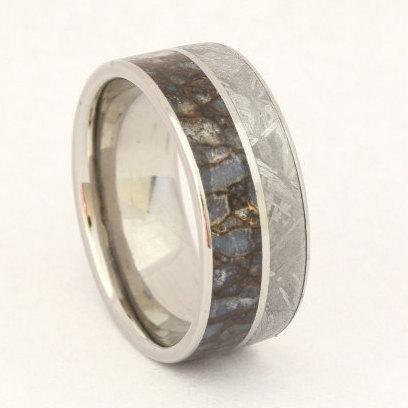 Wedding - Dinosaur Bone Ring with Meteorite Inlay and a Titanium Pinstripe