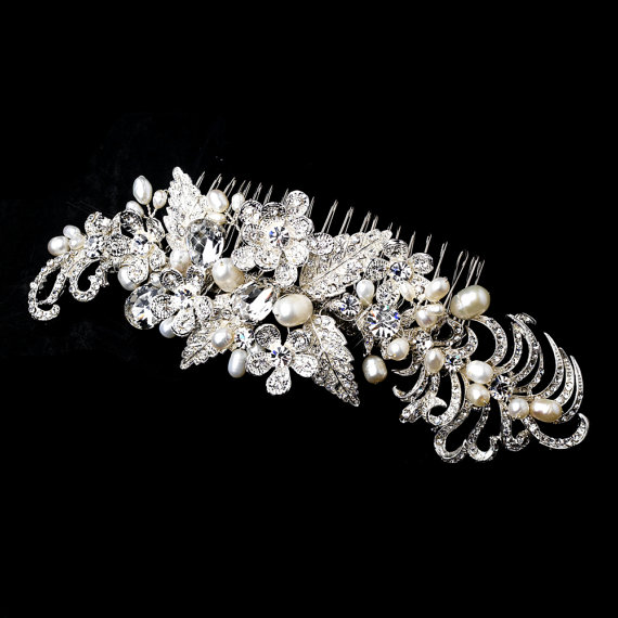 Wedding - Large Bridal hair comb, Crystal Wedding headpiece, Pearl Hair comb, Bridal hair clip, Floral headpiece, Freshwater pearl hair vine, Vintage