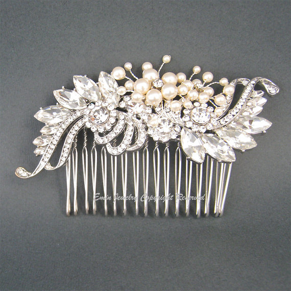 Wedding - Vintage Wedding Hair Comb, Bridal Hair Accessories, Art Deco Ivory Swarovski Pearls Crystal Rhinestone Silver Bridal Combs Fascinator H1026