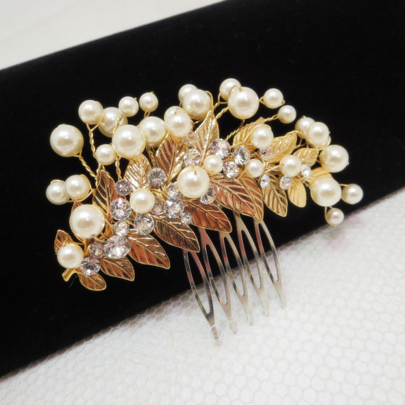Hochzeit - Gold Bridal hair comb, Pearl hair comb, Gold Wedding headpiece, Swarovski crystal headpiece, Leaf hair comb, Bridal jewelry, Bridal comb