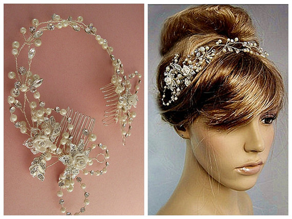زفاف - Romance  hair vine,  Nature inspired floral bridal headband,  Art deco rhinestone crystal pearl tiara, Wedding flower headband