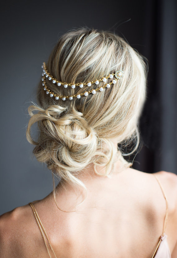 Hochzeit - Gold Pearl Bridal Hair Chain, Wedding Hair Wrap, Pearl Grecian Headpiece, Gold Draped Hair Comb, Gold Wedding Hair Comb - 'LEIA'