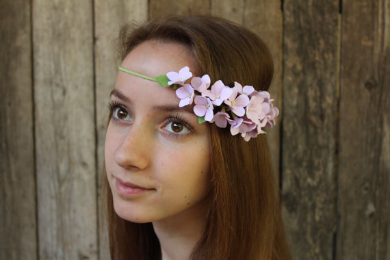 Hochzeit - Headband Wedding headband Hair piece Bridesmaids Flower girl Pink hydrangea Polymer clay flower