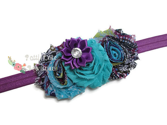 Mariage - Toddler Purple Frenzy & Teal Shabby Chic Headband, Purple Headband, Baby Girls Headband, Toddler Headband, Baby Headband, Newborn Headband